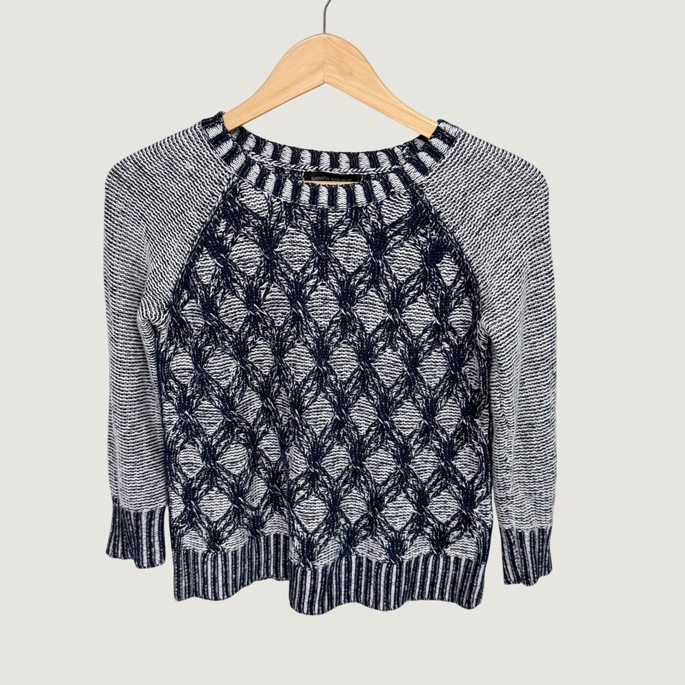 Banana Republic Navy Blue White Diamond Lattice Cable Knit Sweater XS Pullover
